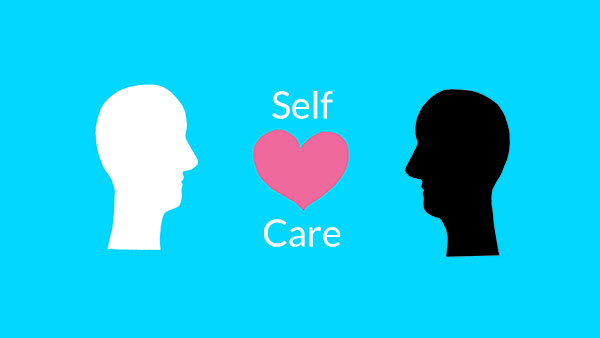 Next is a graphic with two head silhouettes on a light blue background, one white (on the left) representing love, one black (on the right) representing fear.  Between them is a pink heart and the words Self Care. 