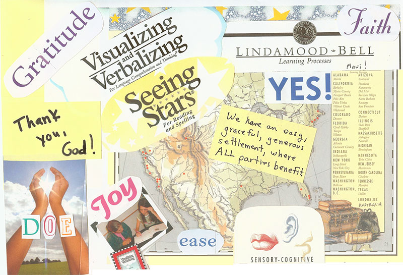 VISION BOARD with the following Vision Statement in the center: "We have an easy, graceful, generous settlement, where ALL parties benefit." Pictures on the board include a tutor working with a student, hands holding the sun with the letters "DOE" in the center of the picture and a map of the United States with Lindamood Bell Learning Centers highlighted. These words of affirmation are scattered around the board: YES; Joy; Gratitude; Ease; Thank you, God; Seeing Stars; and Visualizing & Verbalizing.